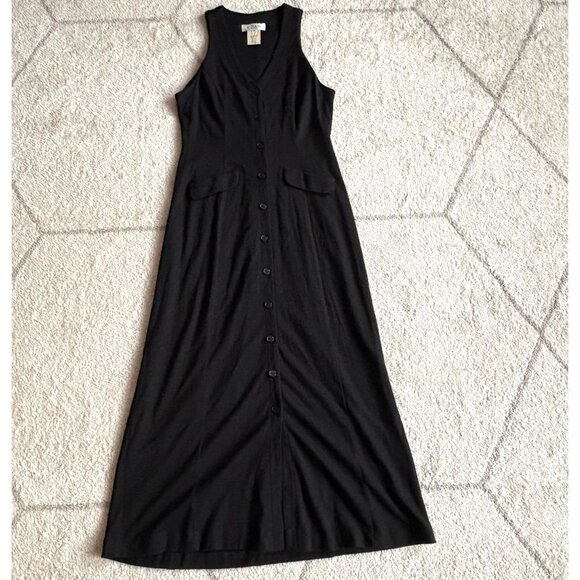 Vintage 90s Merino Wool Button-Front Maxi Dress Black Sleeveless Layering Staple - Picture 1 of 7
